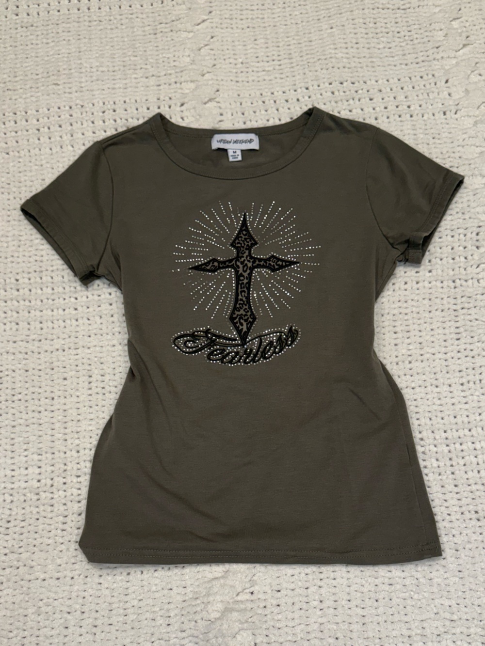 Olive Green Bedazzled Y2K Grunge Baby Tee